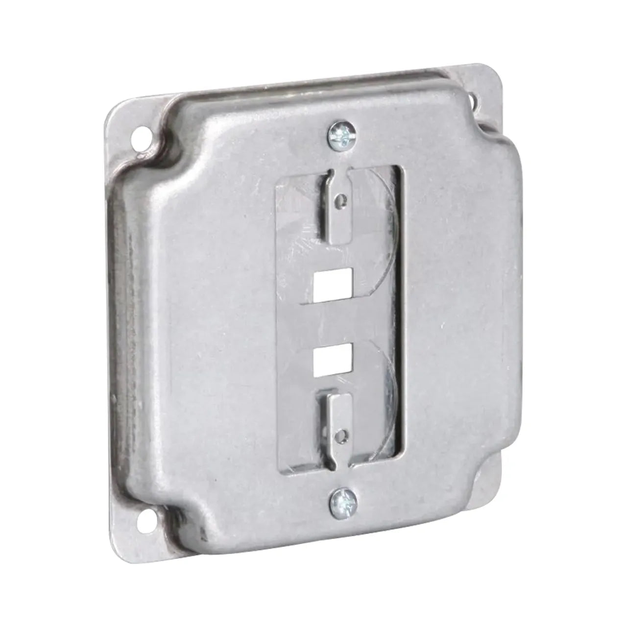 The Go Build 4 in. Square Exposed Work Cover Single Device 3-in-1 Universal Cover features a raised, pre-galvanized steel plate with a central rectangular opening, shown against a white background.